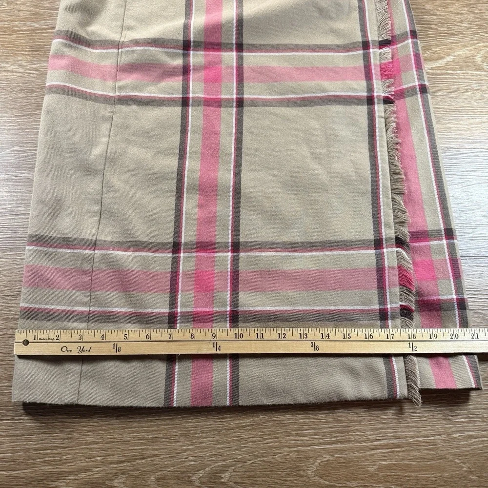 Evan Picone Vintage Y2K Plaid Skirt Women's 10 Pink Tan Fringe Midi Belted Fall - Picture 6 of 7